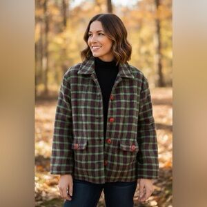 Tonje Vintage 70s Plaid Jacket 100% Wool Green/Brown Size:L/XL